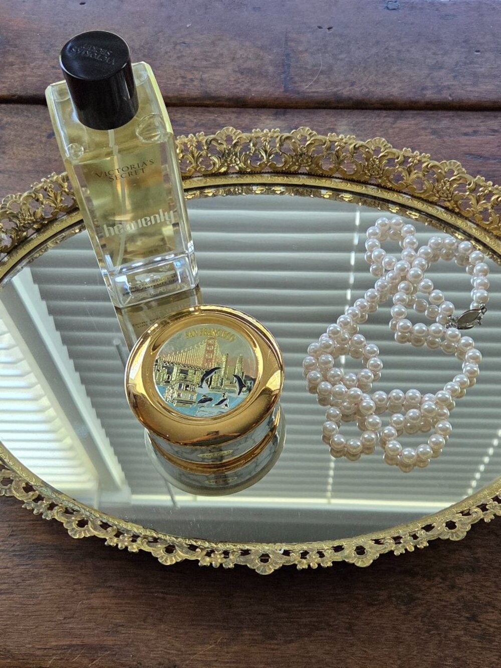 Vintage Oval Filigree Gold Tone Vanity Mirror Perfume Dresser Tray 10 x 13.75 In